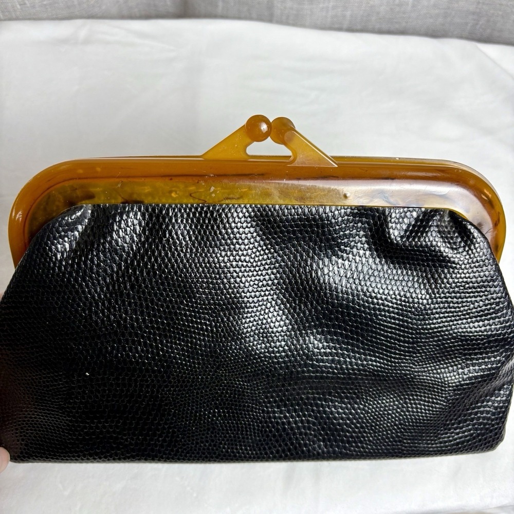 Vintage 70s Black Faux Snakeskin Clutch With Tortoiseshell Lucite Kisslock Frame